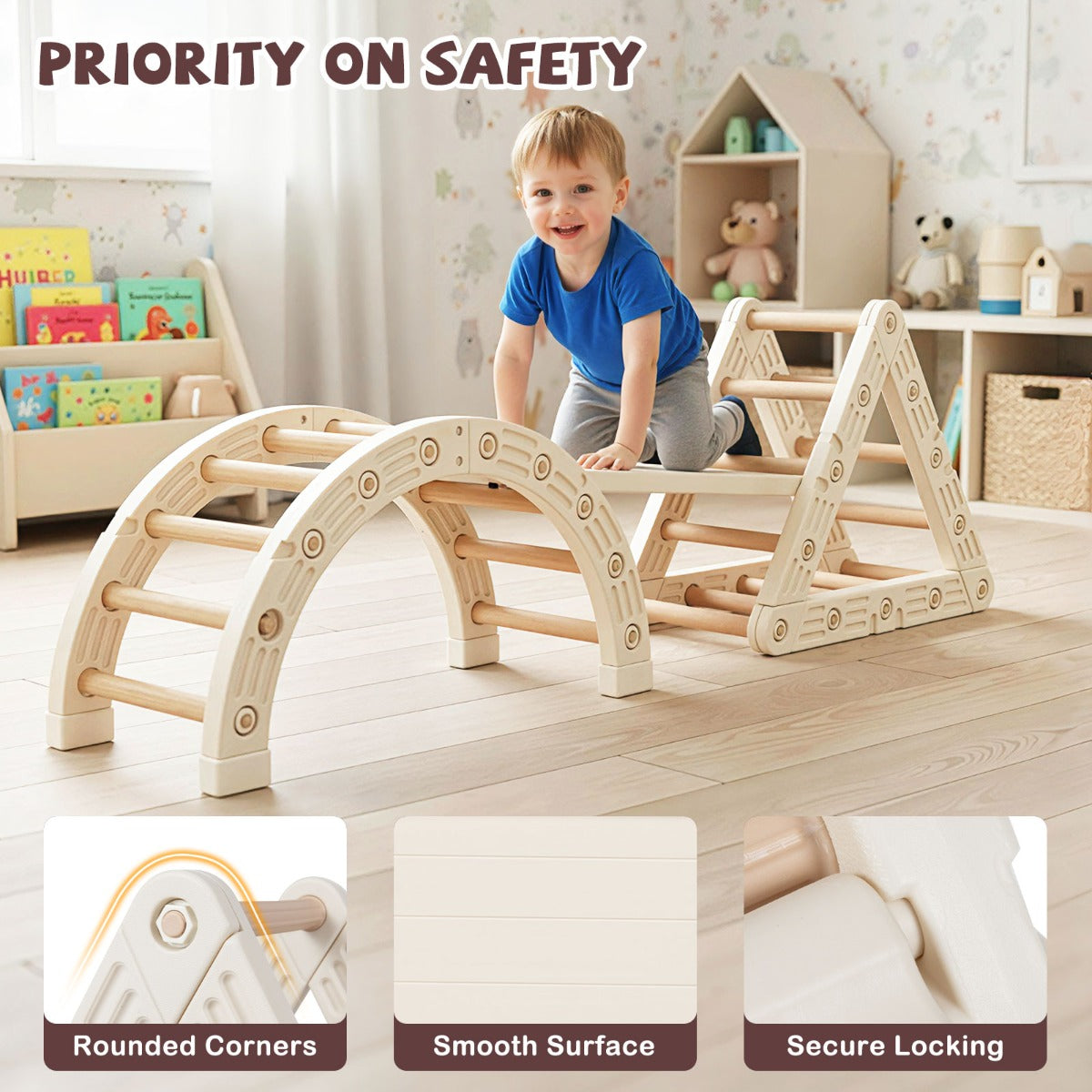 Livsk costway 5 in 1 montessori houten klimset klimspeelgoed met driehoekig klimframe 6