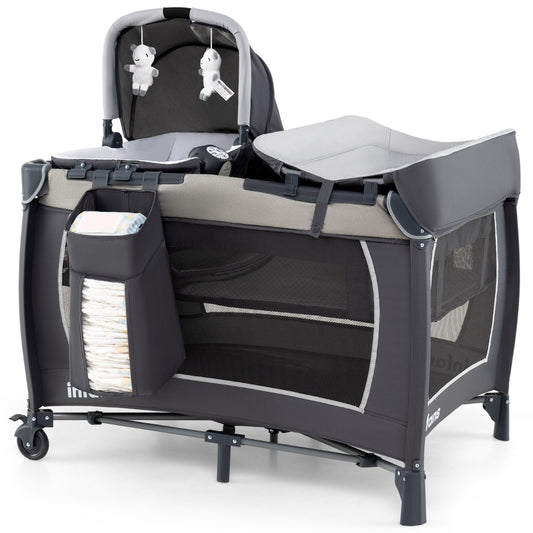 Livsk costway 5 in 1 reisbedje voor babys opvouwbaar babybedje met aankleedtafel babybox met opbergmand draagtas grijs