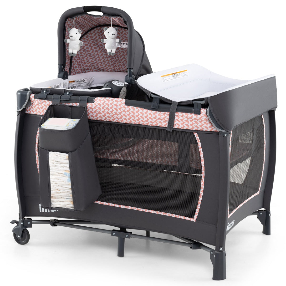 Livsk costway 5 in 1 reisbedje voor babys opvouwbaar babybedje met aankleedtafel babybox met opbergmand draagtas roze
