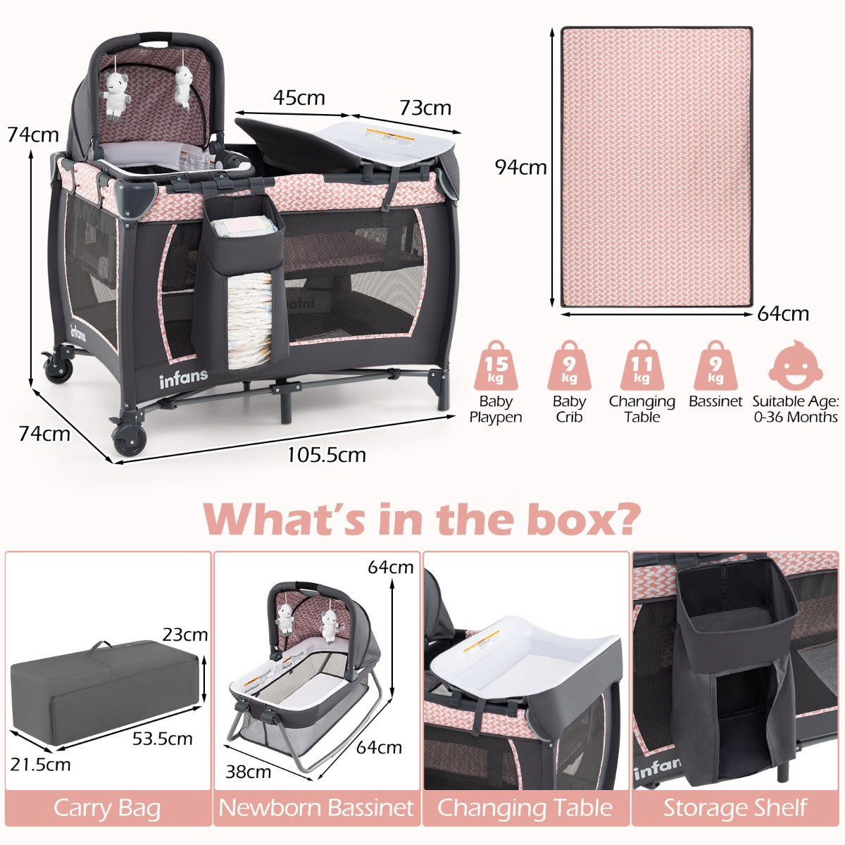 Livsk costway 5 in 1 reisbedje voor babys opvouwbaar babybedje met aankleedtafel babybox met opbergmand draagtas roze 2
