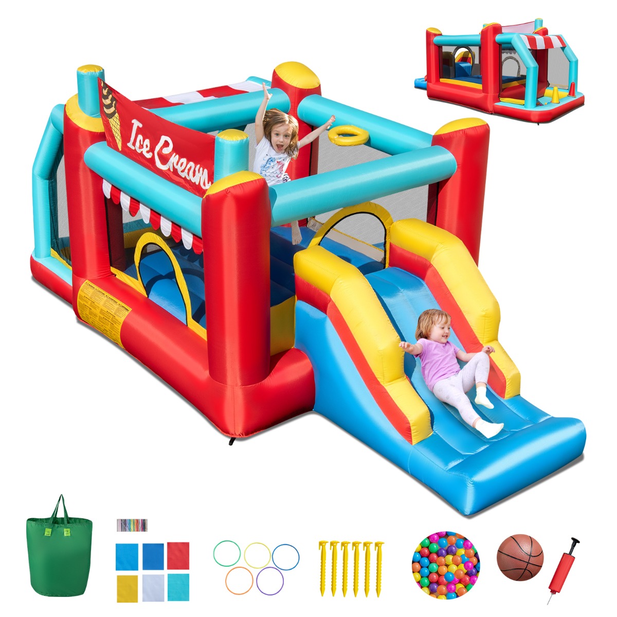 LIVSK 5-in-1 Springkussen voor Kinderen - Glijbaan, Ballenbak, Basketbalring, Ringwerpen - Tot 90 kg - Inclusief Oceaanballen -