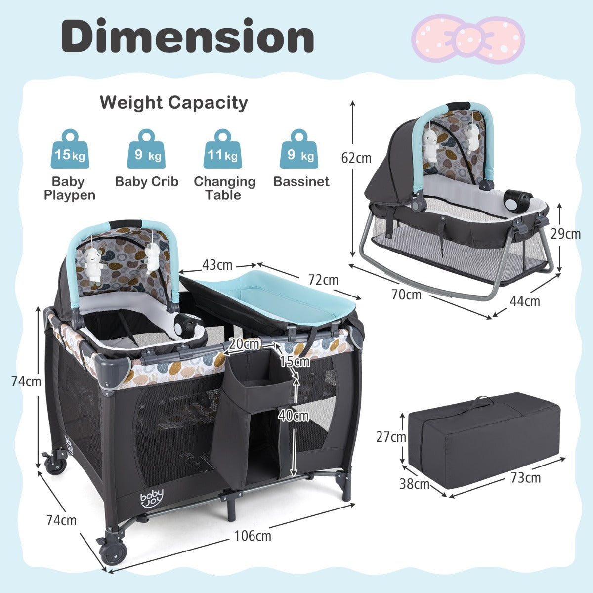 Livsk costway 5 in 1 travel crib for children with changing pad and bassinet blauw 2