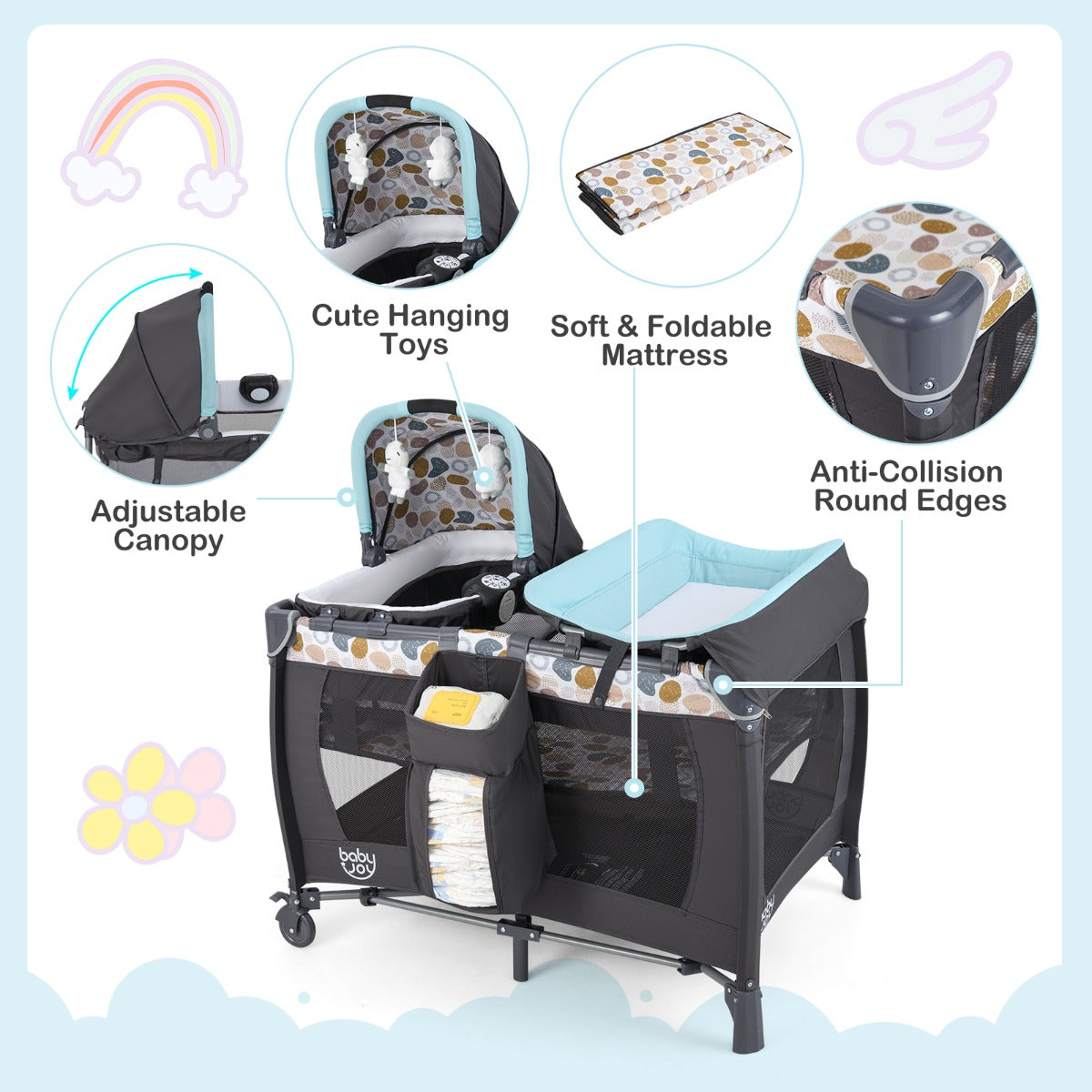 Livsk costway 5 in 1 travel crib for children with changing pad and bassinet blauw 3