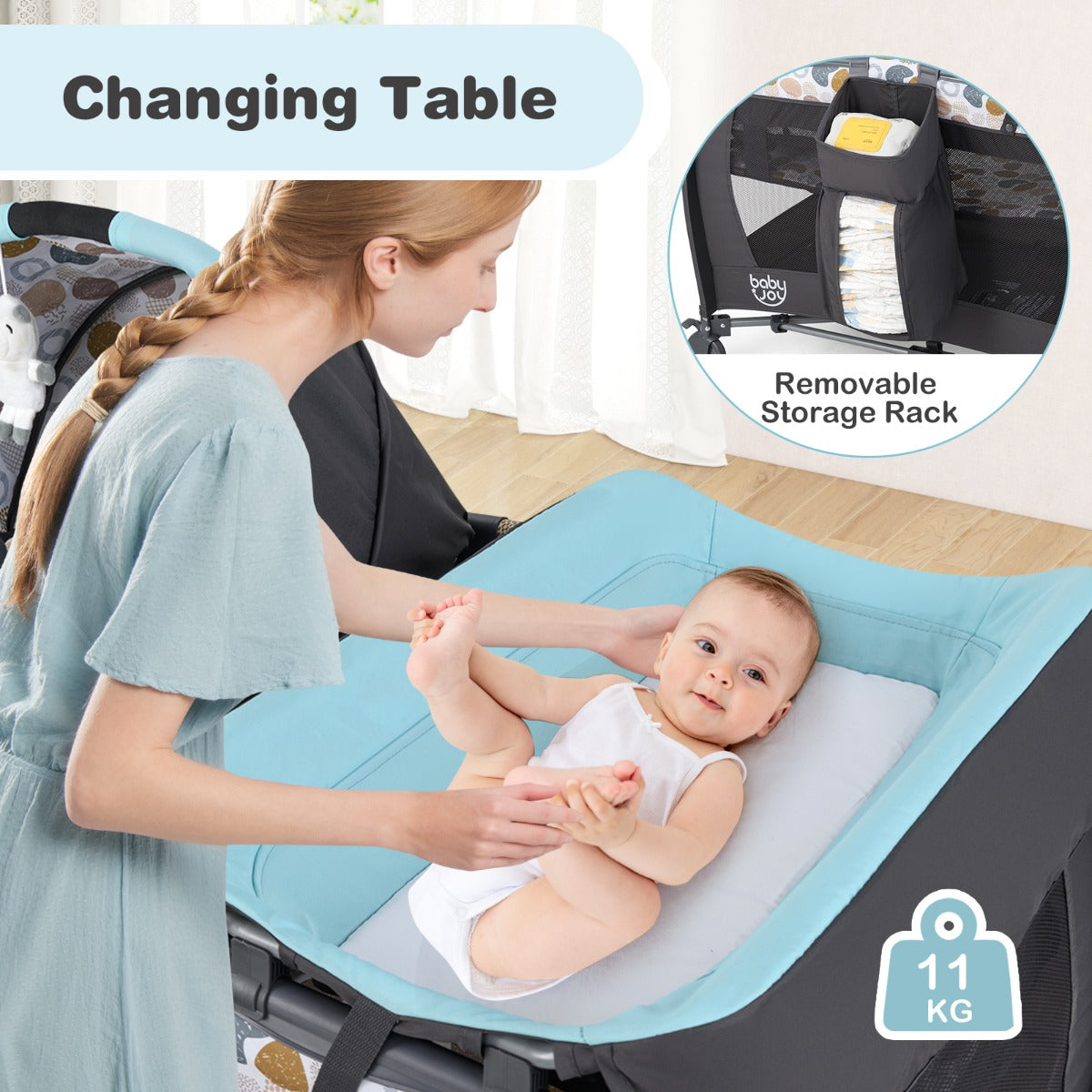 Livsk costway 5 in 1 travel crib for children with changing pad and bassinet blauw 6