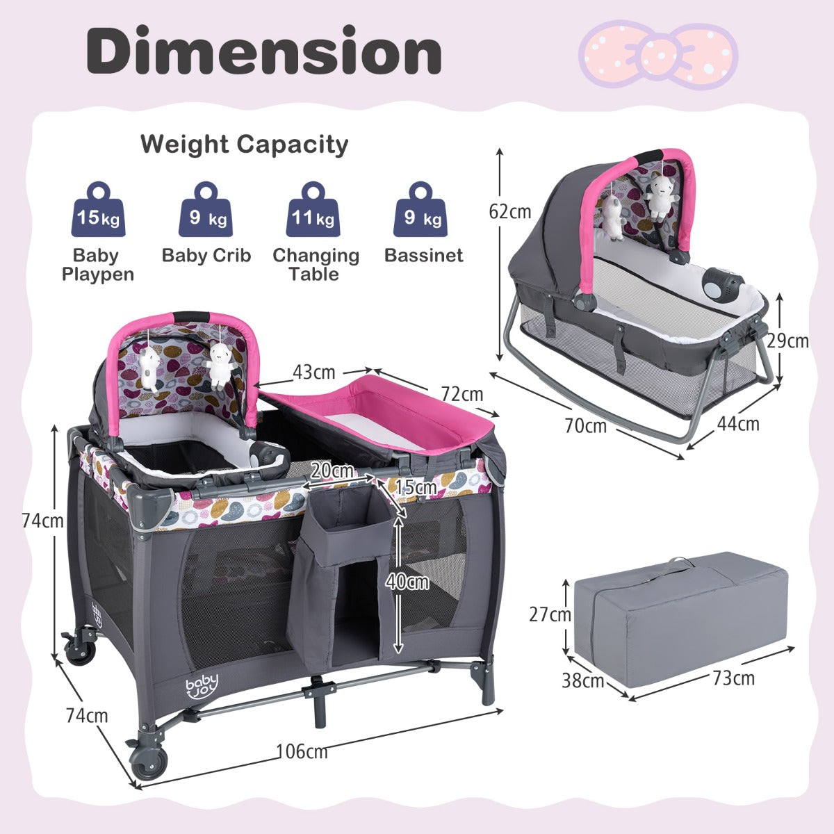 Livsk costway 5 in 1 travel crib for children with changing pad and bassinet donkerroze 2