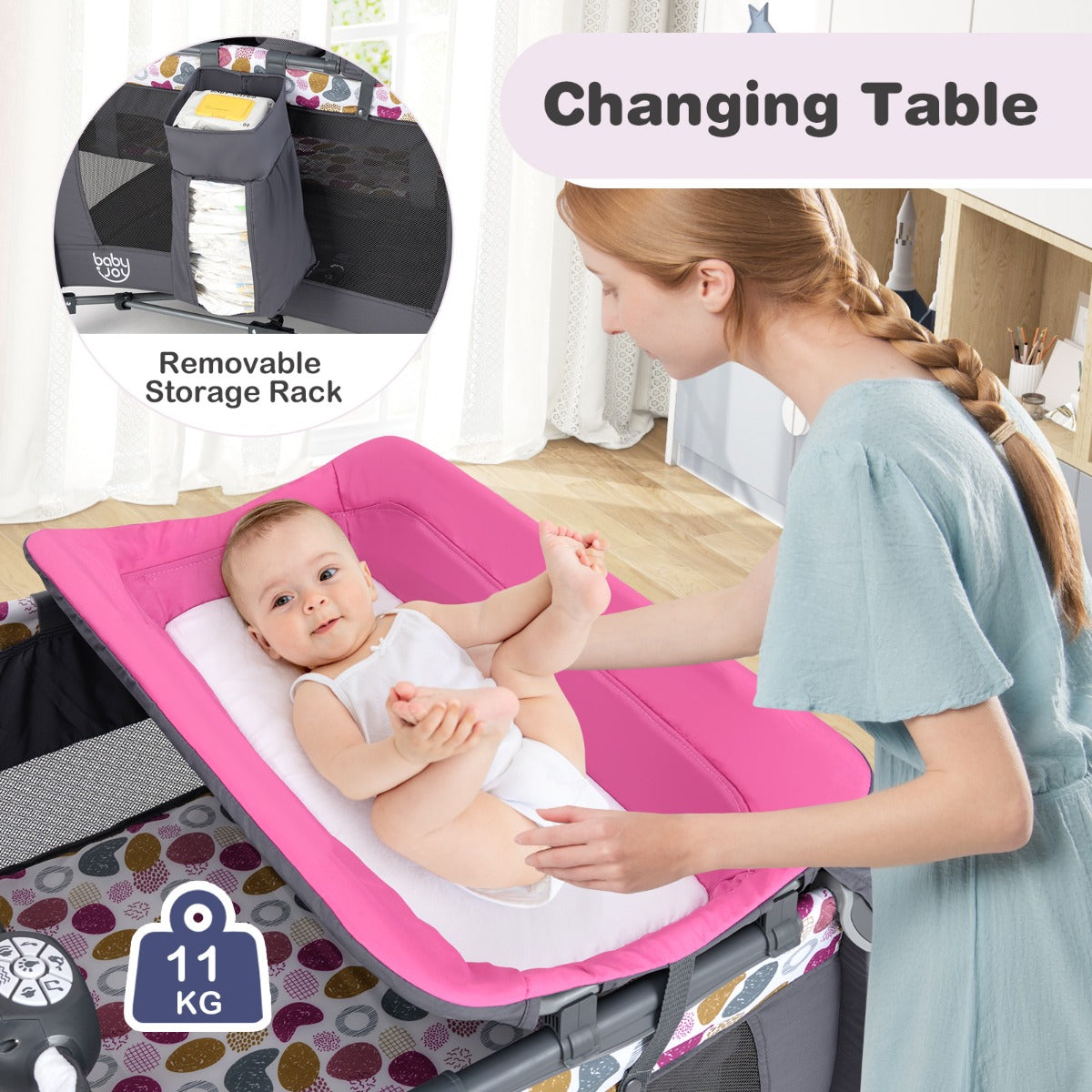 Livsk costway 5 in 1 travel crib for children with changing pad and bassinet donkerroze 5