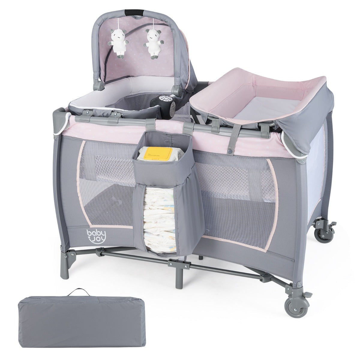Livsk costway 5 in 1 travel crib for children with changing pad and bassinet roze