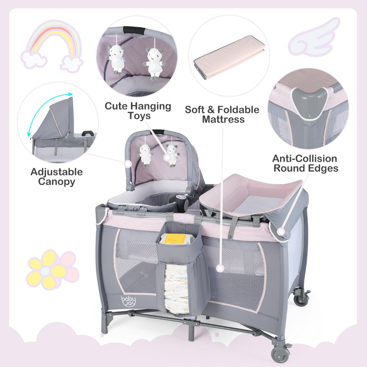 Livsk costway 5 in 1 travel crib for children with changing pad and bassinet roze 3
