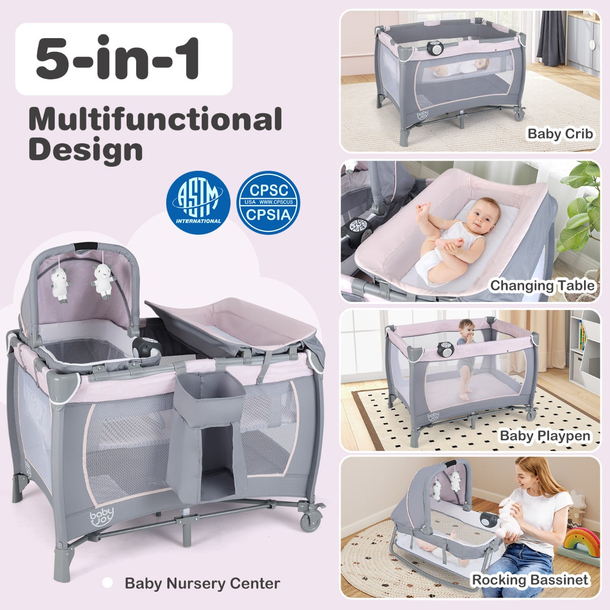 Livsk costway 5 in 1 travel crib for children with changing pad and bassinet roze 5