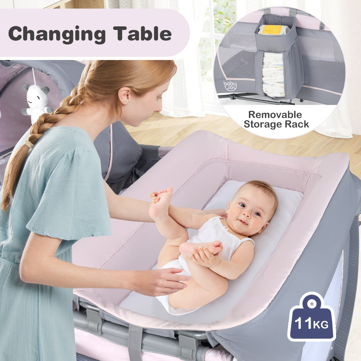 Livsk costway 5 in 1 travel crib for children with changing pad and bassinet roze 6