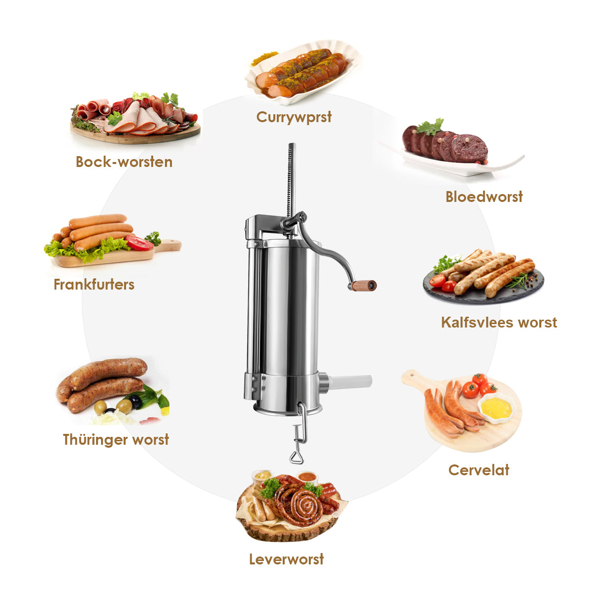 LIVSK Roestvrijstalen Worstenvuller - Tafelklem - 6 Vullingen - 5 kg Capaciteit - Ergonomisch Handvat - Zilver