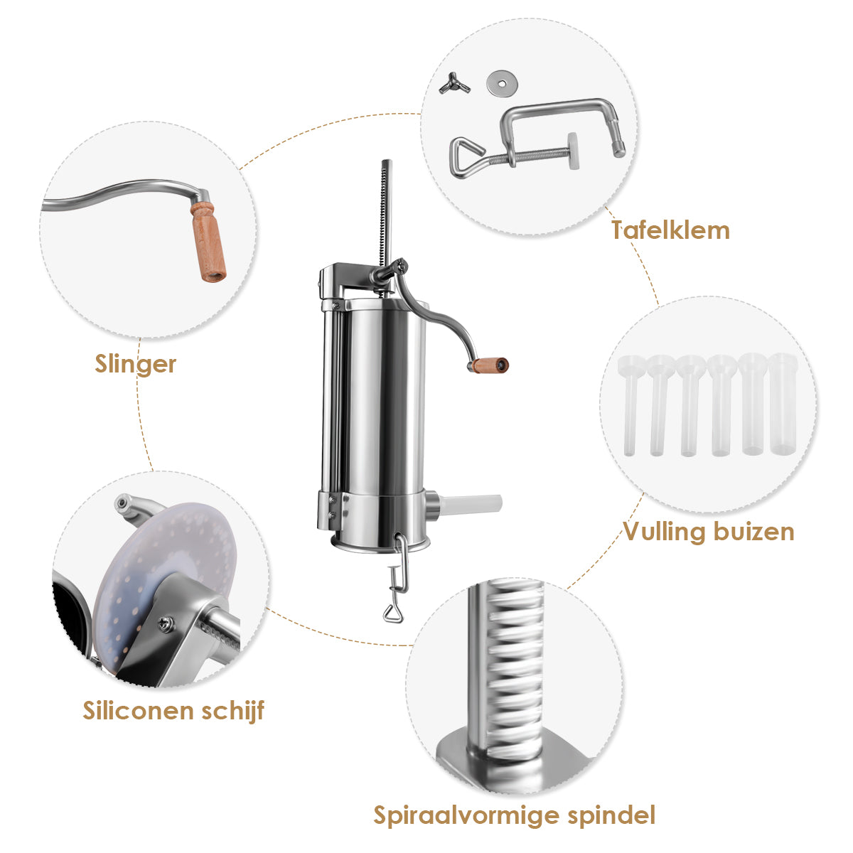 LIVSK Roestvrijstalen Worstenvuller - Tafelklem - 6 Vullingen - 5 kg Capaciteit - Ergonomisch Handvat - Zilver