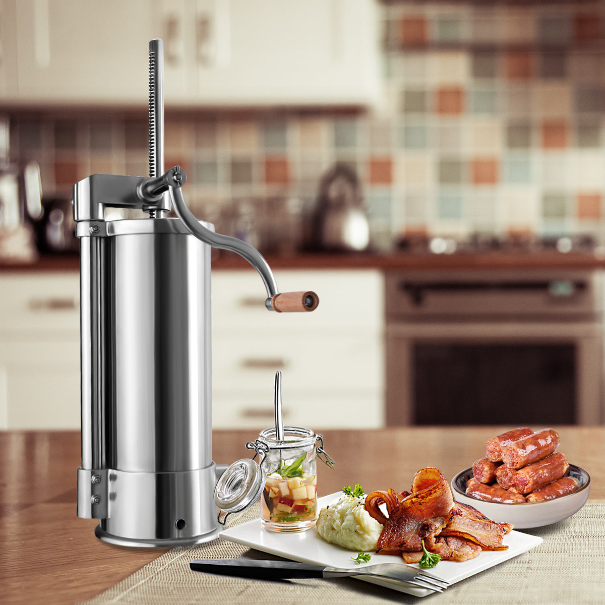 LIVSK Roestvrijstalen Worstenvuller - Tafelklem - 6 Vullingen - 5 kg Capaciteit - Ergonomisch Handvat - Zilver