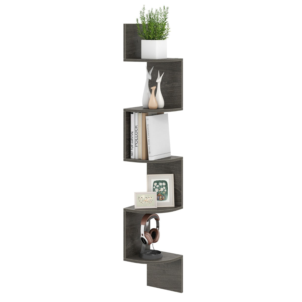 LIVSK Wandgemonteerd Zwevend Hoekrek - 5 - laags Ontwerp - Inclusief 6 Wandmontagekits - Draagvermogen tot 35 kg - Franse eik