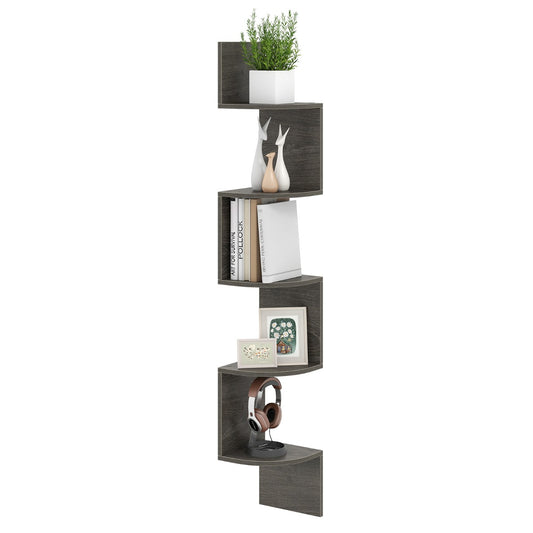 LIVSK Wandgemonteerd Zwevend Hoekrek - 5 - laags Ontwerp - Inclusief 6 Wandmontagekits - Draagvermogen tot 35 kg - Franse eik