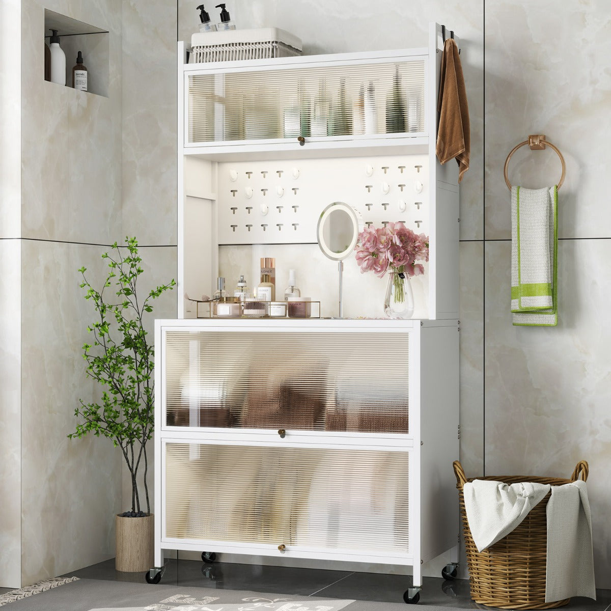 LIVSK Multifunctionele Opbergkast - Verlichting, Draaideuren, Verstelbare Poten of Wielen - Veilig en Stijlvol - 80 x 40 x 160 cm