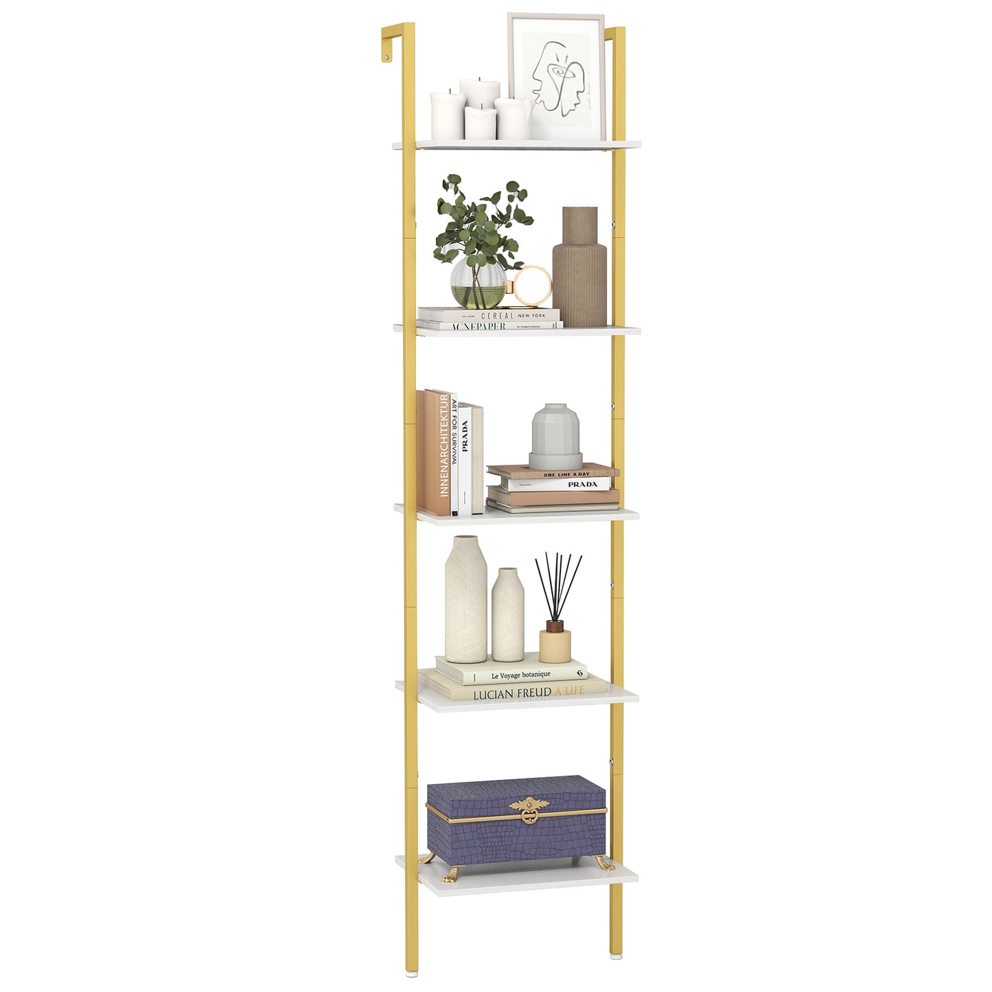 LIVSK Wandmontage Ladderplank - 5 Open Planken - Metalen Frame met Kantelbeveiliging - Ruimtebesparend - 43 x 30 x 178 cm - Wit