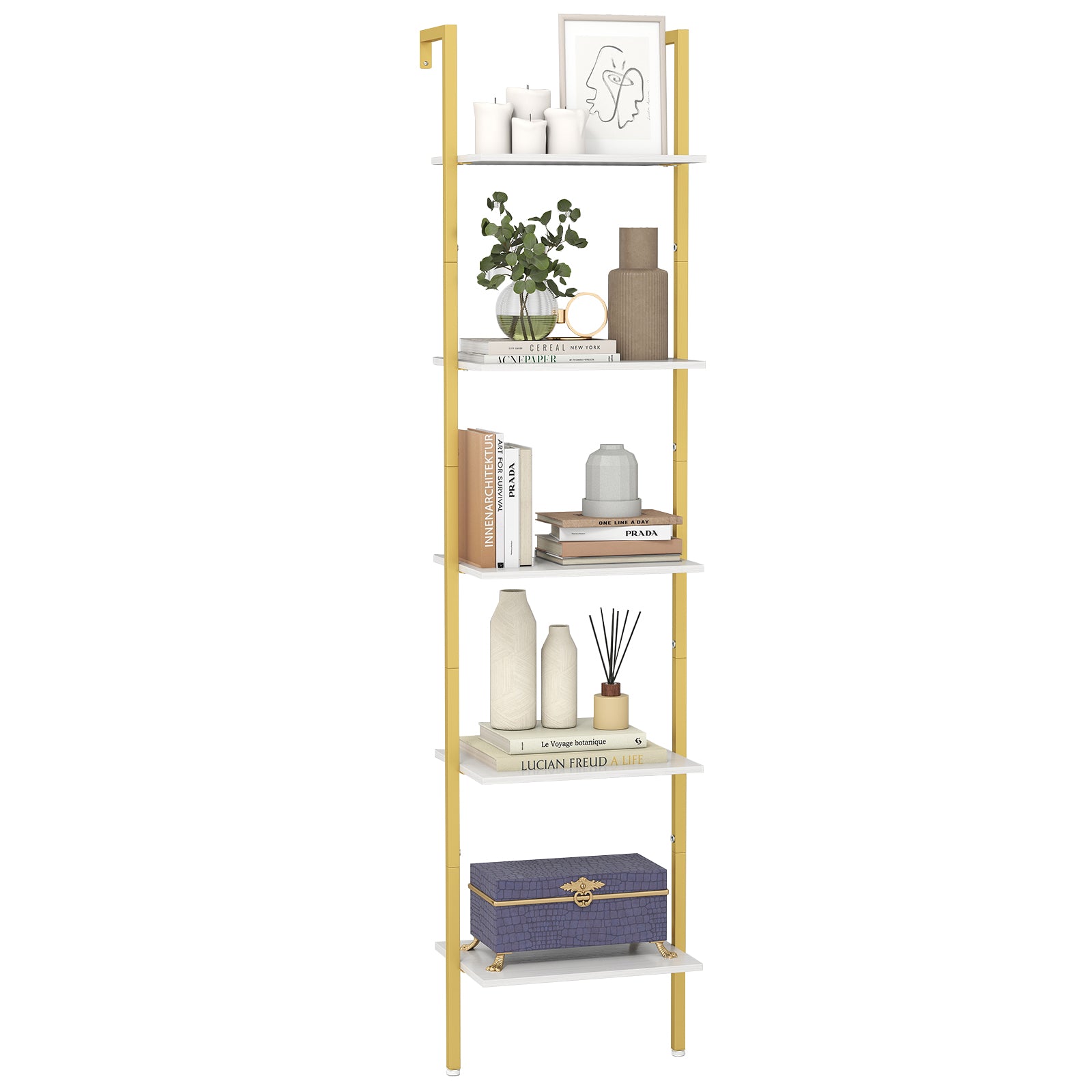 LIVSK Wandmontage Ladderplank - 5 Open Planken - Metalen Frame met Kantelbeveiliging - Ruimtebesparend - 43 x 30 x 178 cm - Wit