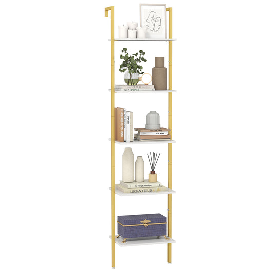 LIVSK Wandmontage Ladderplank - 5 Open Planken - Metalen Frame met Kantelbeveiliging - Ruimtebesparend - 43 x 30 x 178 cm - Wit