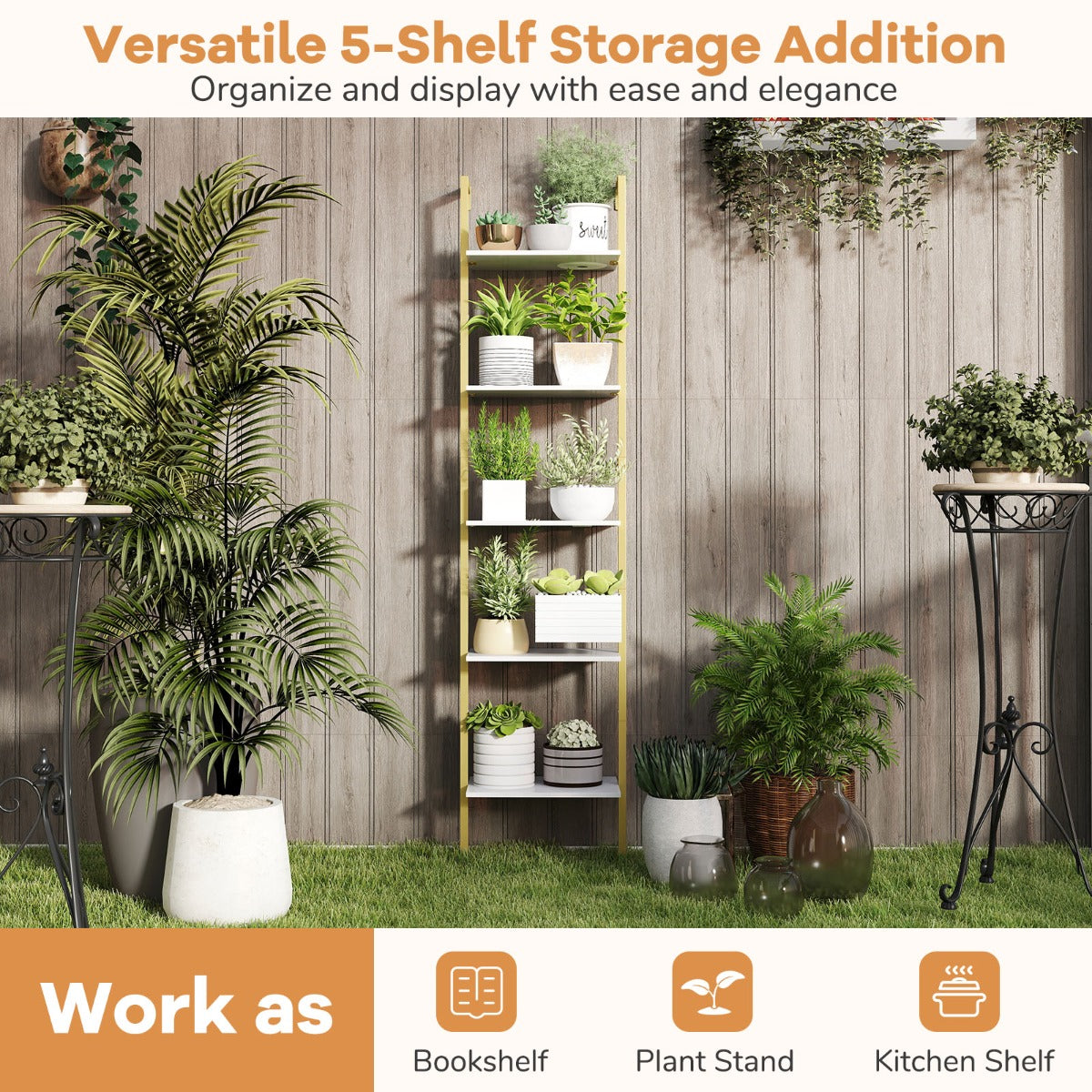 LIVSK Wandmontage Ladderplank - 5 Open Planken - Metalen Frame met Kantelbeveiliging - Ruimtebesparend - 43 x 30 x 178 cm - Wit