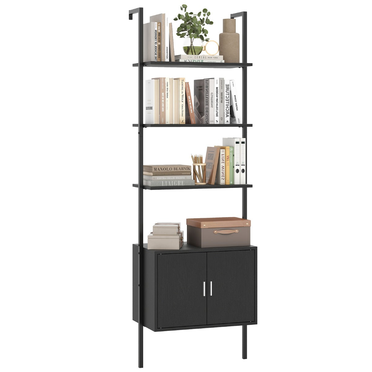 LIVSK Ladderplank - 3 Open Planken en Gesloten Kast - Stabiele Metalen Constructie - Ondersteunt tot 75 kg - 60 x 35 x 184 cm -