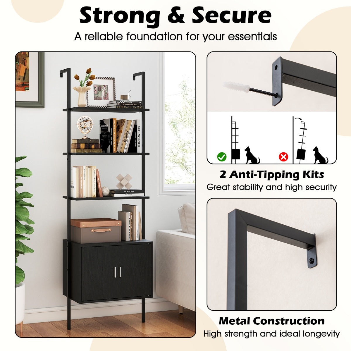 LIVSK Ladderplank - 3 Open Planken en Gesloten Kast - Stabiele Metalen Constructie - Ondersteunt tot 75 kg - 60 x 35 x 184 cm -