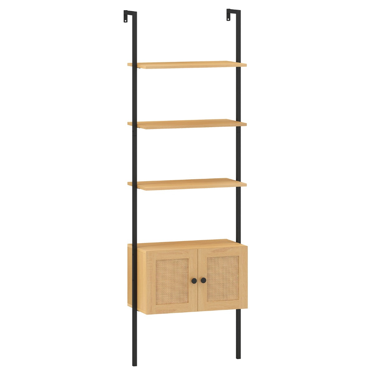 LIVSK Wandgemonteerd Ladderboekenrek met Kast - Veilig Bevestigd - 4 Open Planken - Duurzaam Metaal - Natuur