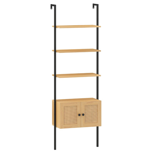 LIVSK Wandgemonteerd Ladderboekenrek met Kast - Veilig Bevestigd - 4 Open Planken - Duurzaam Metaal - Natuur