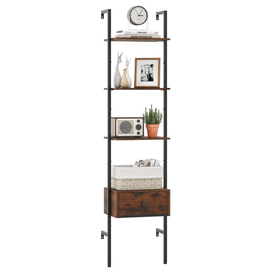 LIVSK Ladderboekenplank met Lade - 4 Open Planken - Veilige Wandmontage - Duurzaam Gepoedercoat Metaal - Rustiek Bruin & Zwart