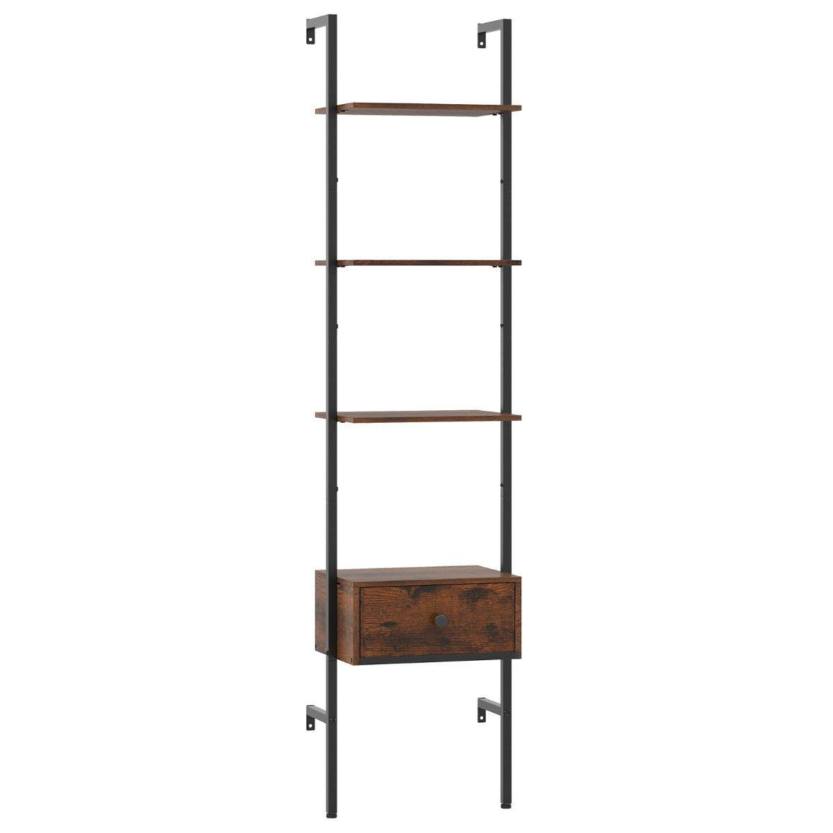 LIVSK Ladderboekenplank met Lade - 4 Open Planken - Veilige Wandmontage - Duurzaam Gepoedercoat Metaal - Rustiek Bruin & Zwart
