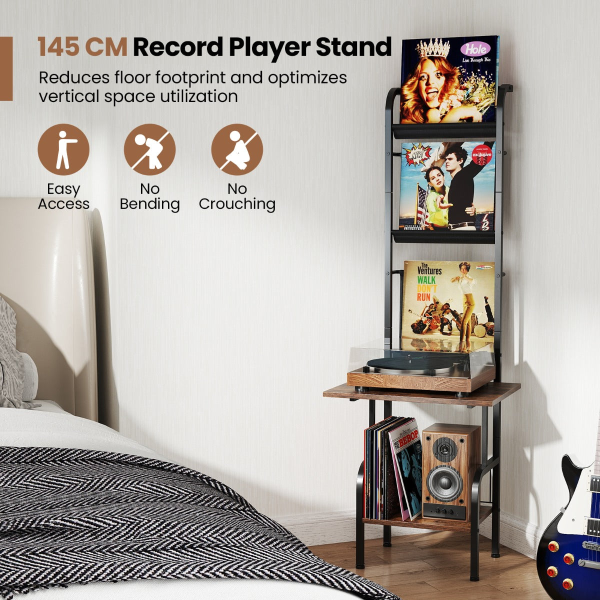 LIVSK Platenspelerstandaard - 5-laags Vinyldisplay - Ruim Werkblad - Robuust Metaal - Tot 60 kg - 50 x 51 x 145 cm - Rustiek Bruin