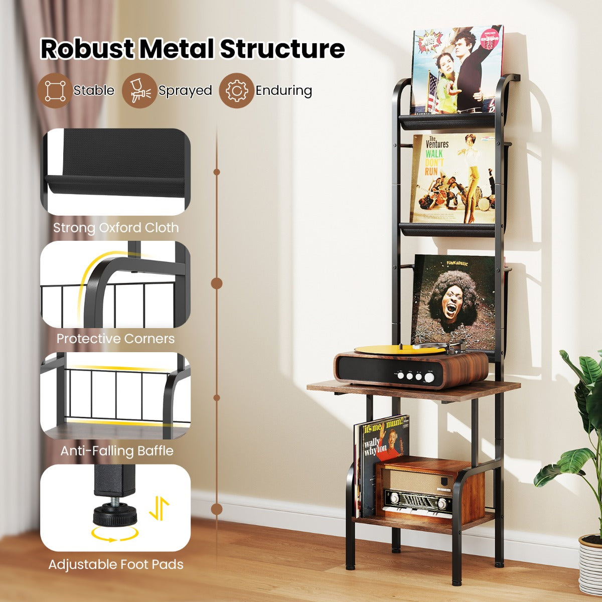 LIVSK Platenspelerstandaard - 5-laags Vinyldisplay - Ruim Werkblad - Robuust Metaal - Tot 60 kg - 50 x 51 x 145 cm - Rustiek Bruin