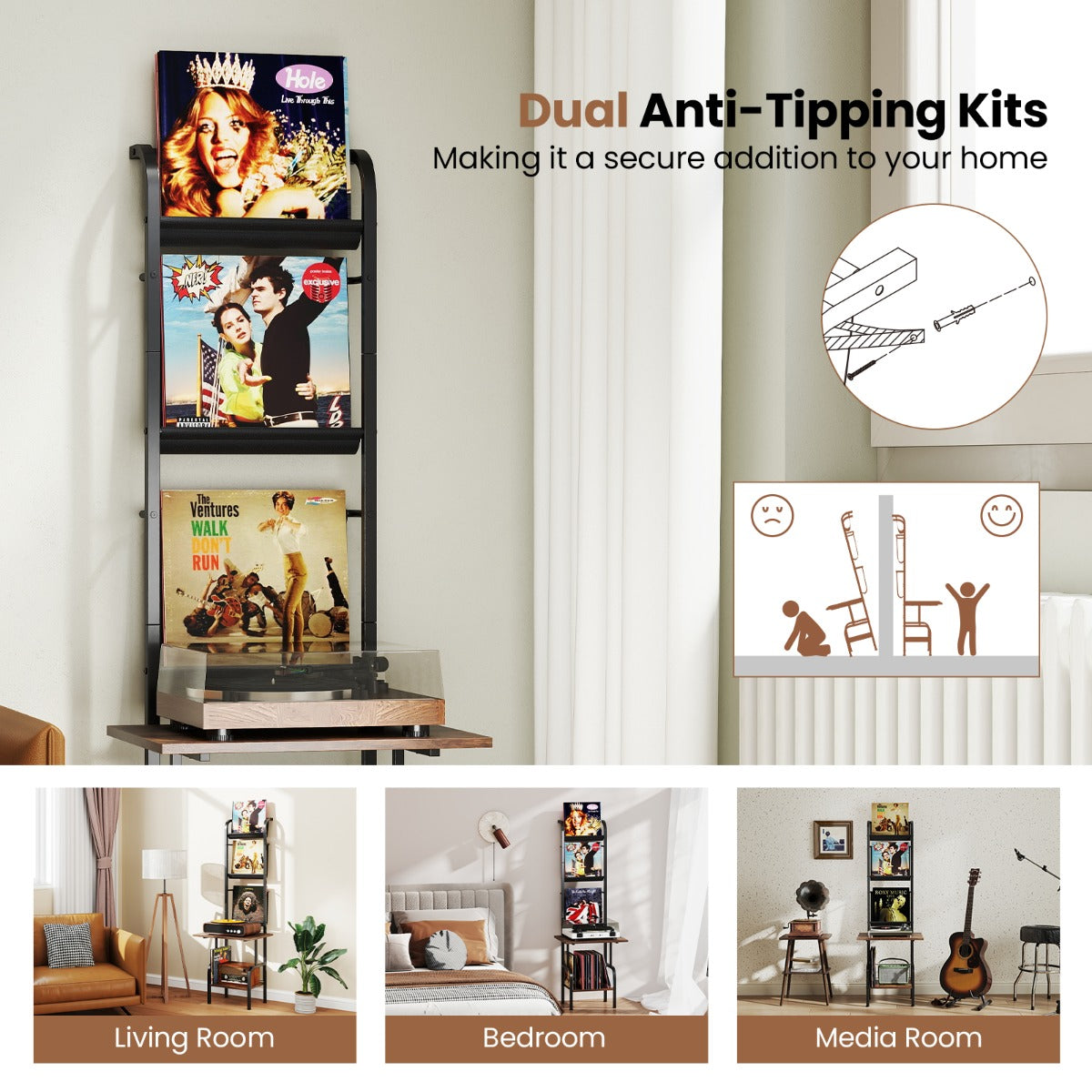 LIVSK Platenspelerstandaard - 5-laags Vinyldisplay - Ruim Werkblad - Robuust Metaal - Tot 60 kg - 50 x 51 x 145 cm - Rustiek Bruin
