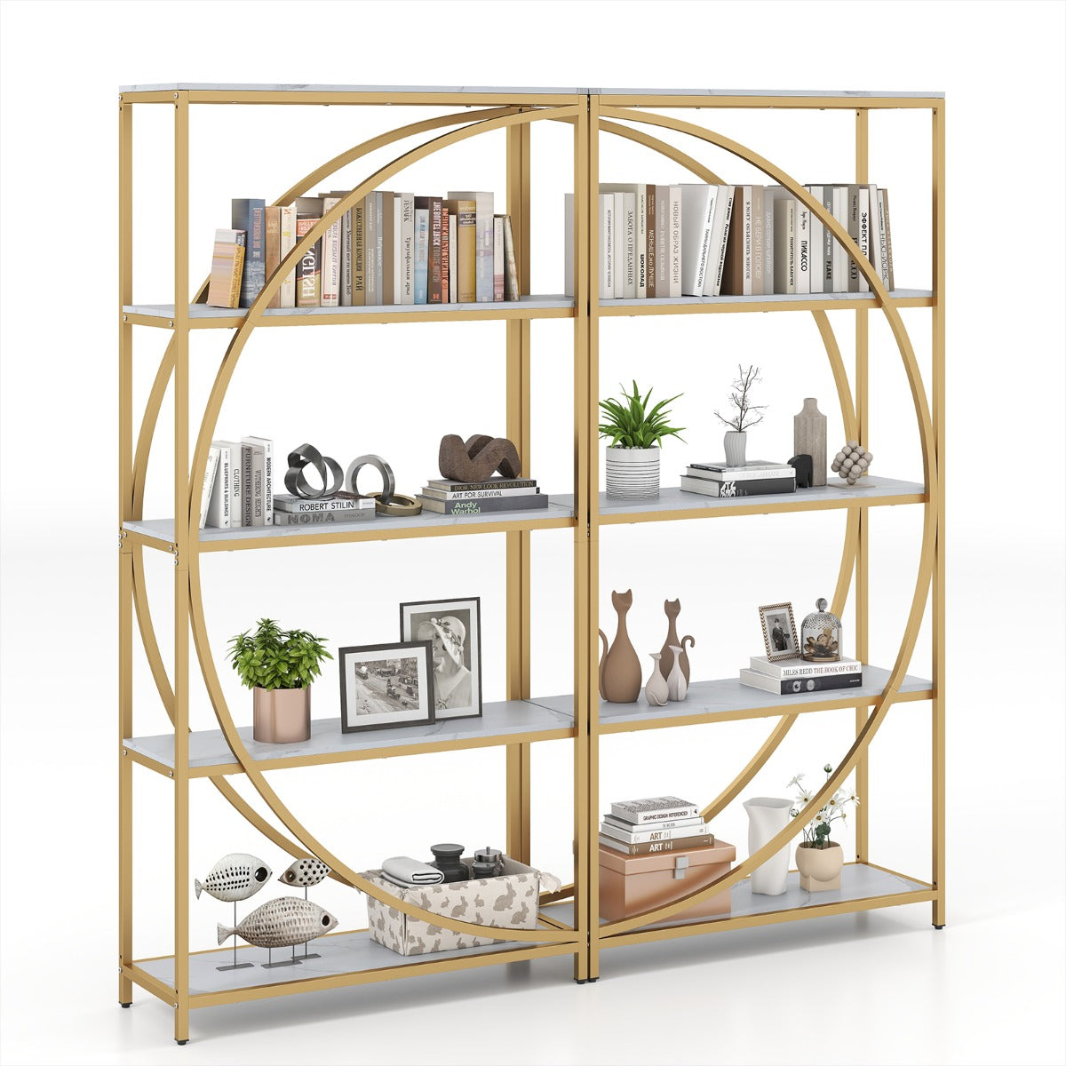LIVSK Etagère-boekenkast - Halvemaanvormig Ontwerp - 5 Open Planken - Metalen Frame - Tot 120 kg - Rustiek bruin & zwart