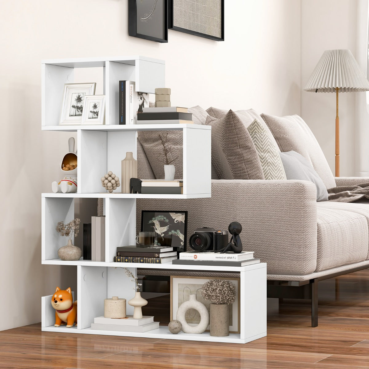 LIVSK S-vormige boekenkast - 5 Niveaus - Modern Design - Veilig met Kantelbeveiligingen - 80 x 22 x 100 cm - Wit