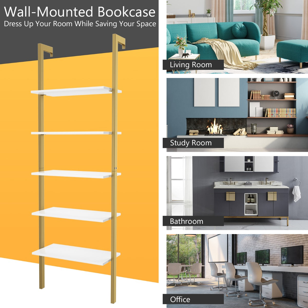LIVSK Ladder Boekenkast - 5-laagse Planken - Stabiel en Duurzaam - Rustieke Notenhout - 61 x 30 x 183 cm - Bruin