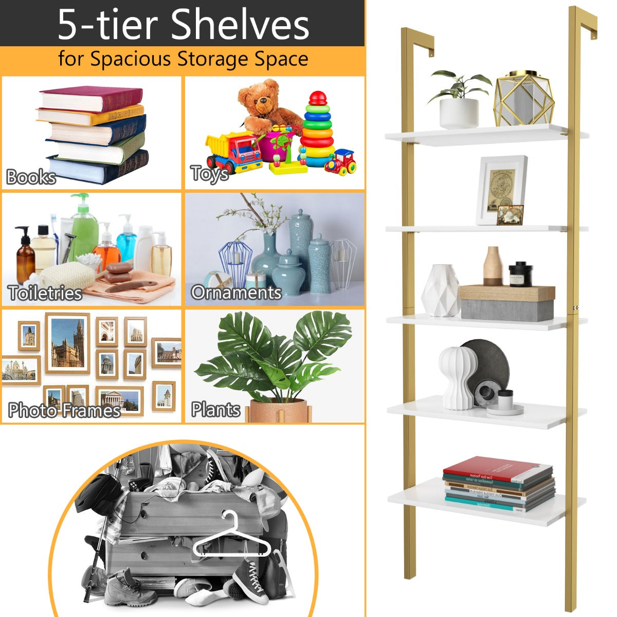 LIVSK Ladder Boekenkast - 5-laagse Planken - Stabiel en Duurzaam - Rustieke Notenhout - 61 x 30 x 183 cm - Bruin