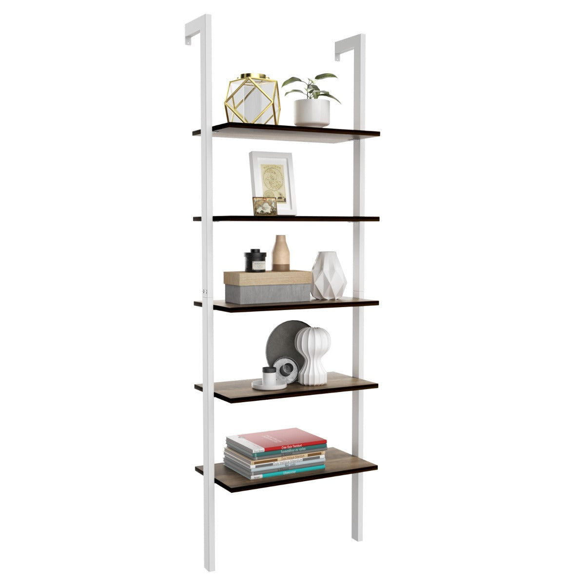 LIVSK Ladder Boekenkast - 5 Open Planken - Stabiel Metaal en Spaanplaat - Rustieke Notenhout - 23 kg per plank - 61 x 30 x 183 cm