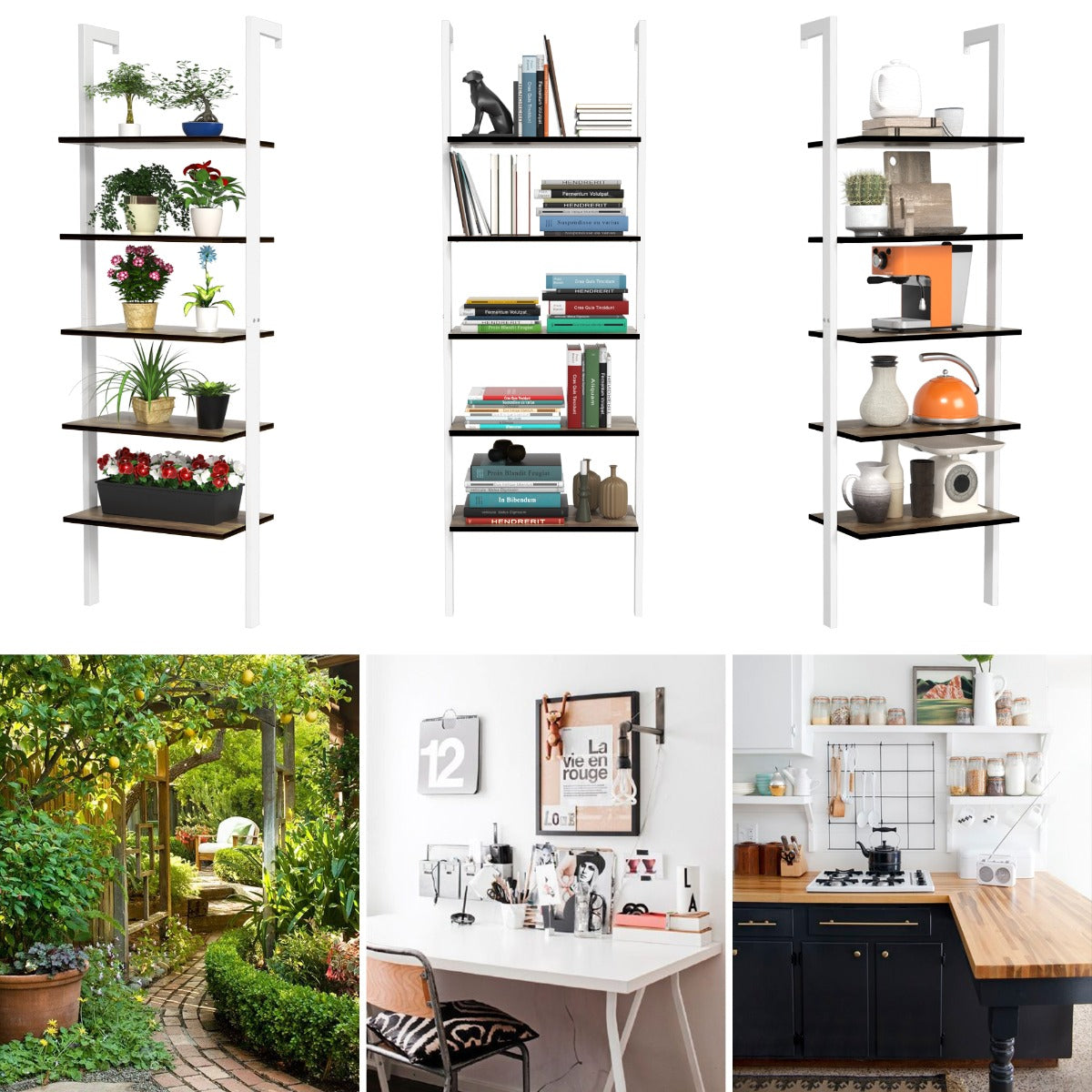 LIVSK Ladder Boekenkast - 5 Open Planken - Stabiel Metaal en Spaanplaat - Rustieke Notenhout - 23 kg per plank - 61 x 30 x 183 cm