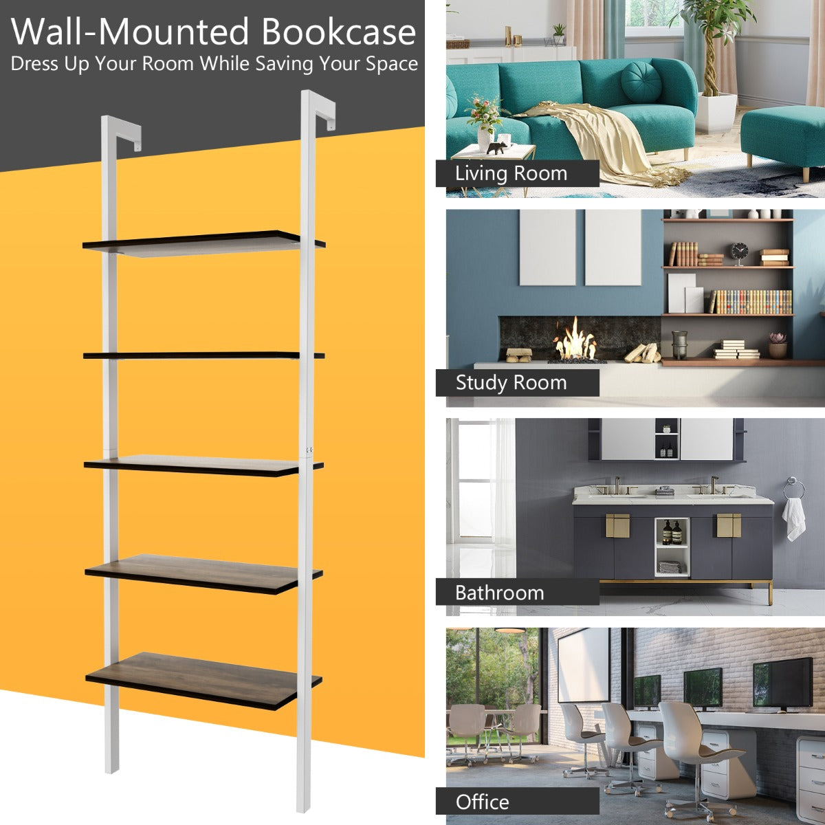 LIVSK Ladder Boekenkast - 5 Open Planken - Stabiel Metaal en Spaanplaat - Rustieke Notenhout - 23 kg per plank - 61 x 30 x 183 cm