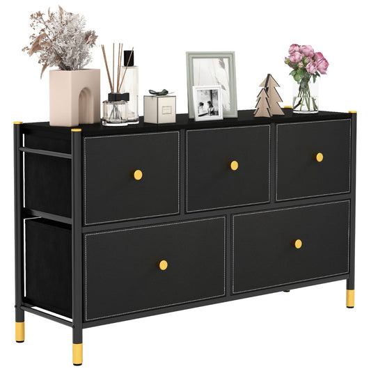 LIVSK Commode met 5 Stoffen Laden - Stevig Metaalframe - Inklapbare Laden - Anti-kantelbeveiliging - 100 x 30 x 58,5 cm - Zwart