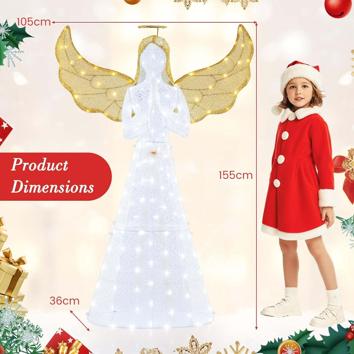 LIVSK Verlichte Kerstengel - 150 LED-Lampjes - Weerbestendig - Inclusief Grondpennen en Kabelbinders - 105 x 36 x 155 cm - Warm