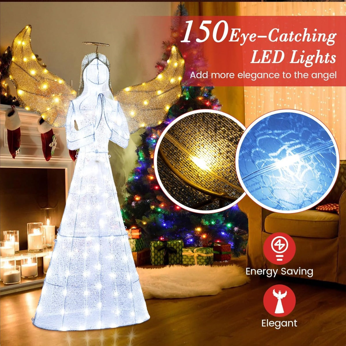 LIVSK Verlichte Kerstengel - 150 LED-Lampjes - Weerbestendig - Inclusief Grondpennen en Kabelbinders - 105 x 36 x 155 cm - Warm