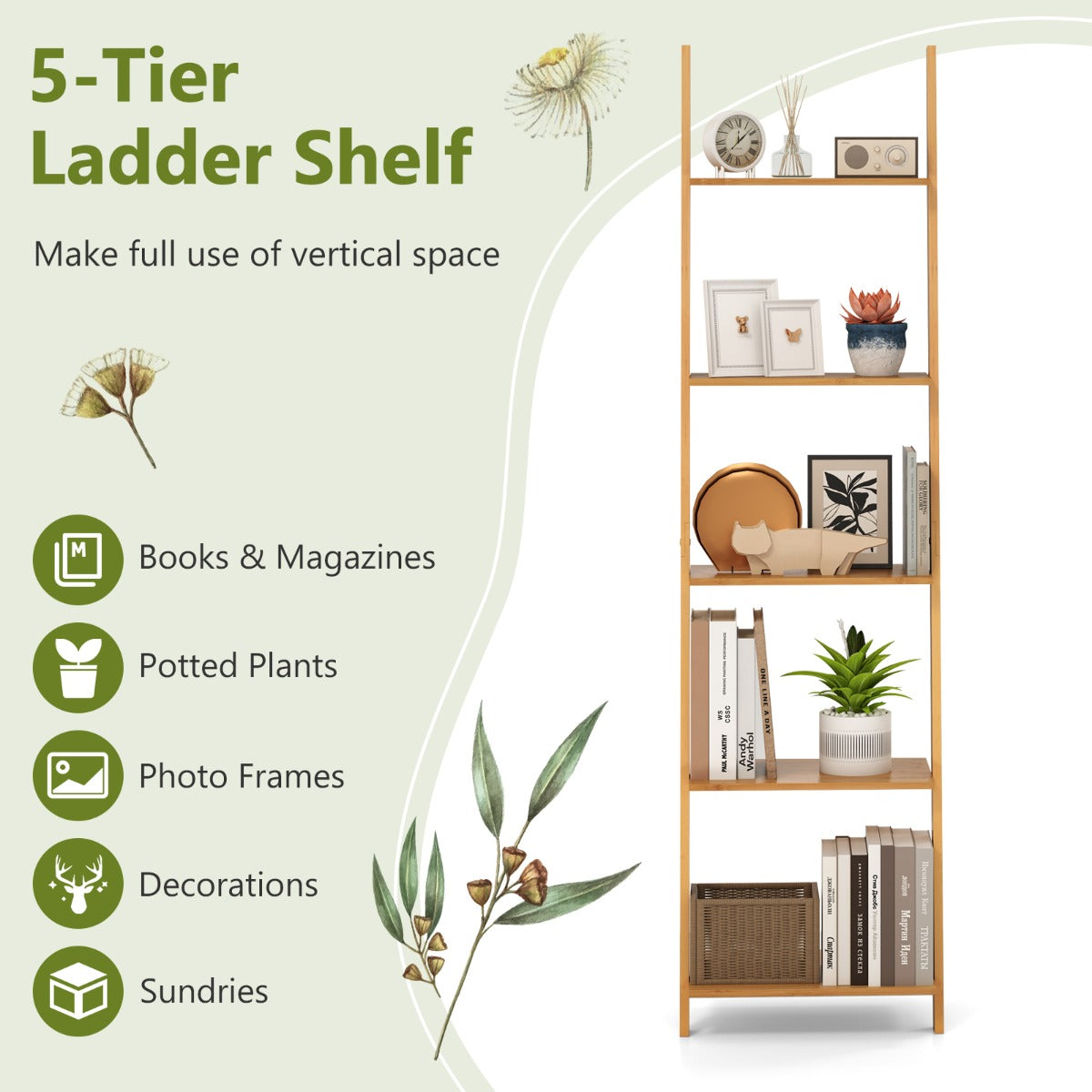 LIVSK Bamboe Ladderplank - 5 Open Opslagplanken - Ruimtebesparend en Stabiel - Voor Slaapkamer en Woonkamer - Natuurlijk
