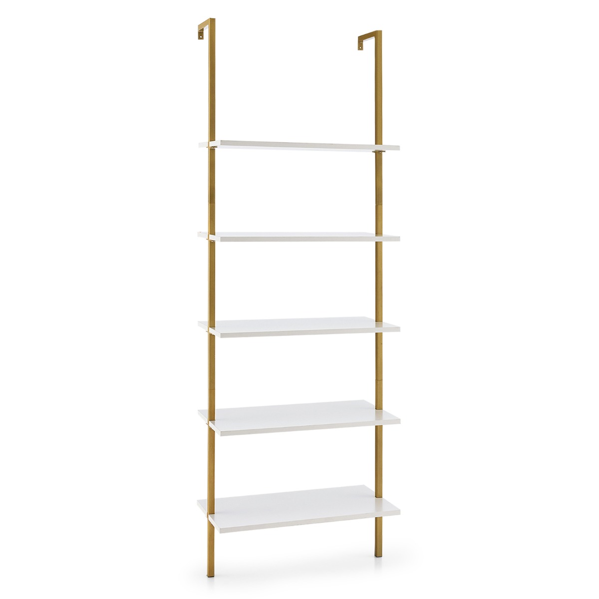 LIVSK Wandrek Ladderdesign - 5 Planken - Goudkleurig Metaal - Wandmontage en Antislip - 60 x 30 x 180 cm - Wit en Goud