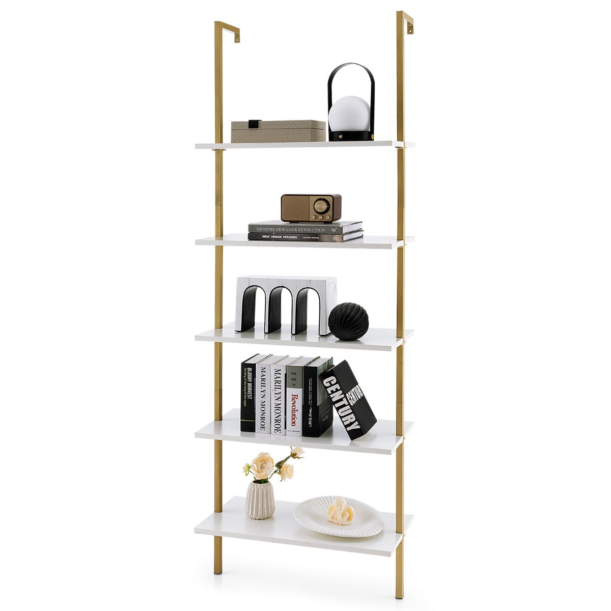 LIVSK Wandrek Ladderdesign - 5 Planken - Goudkleurig Metaal - Wandmontage en Antislip - 60 x 30 x 180 cm - Wit en Goud