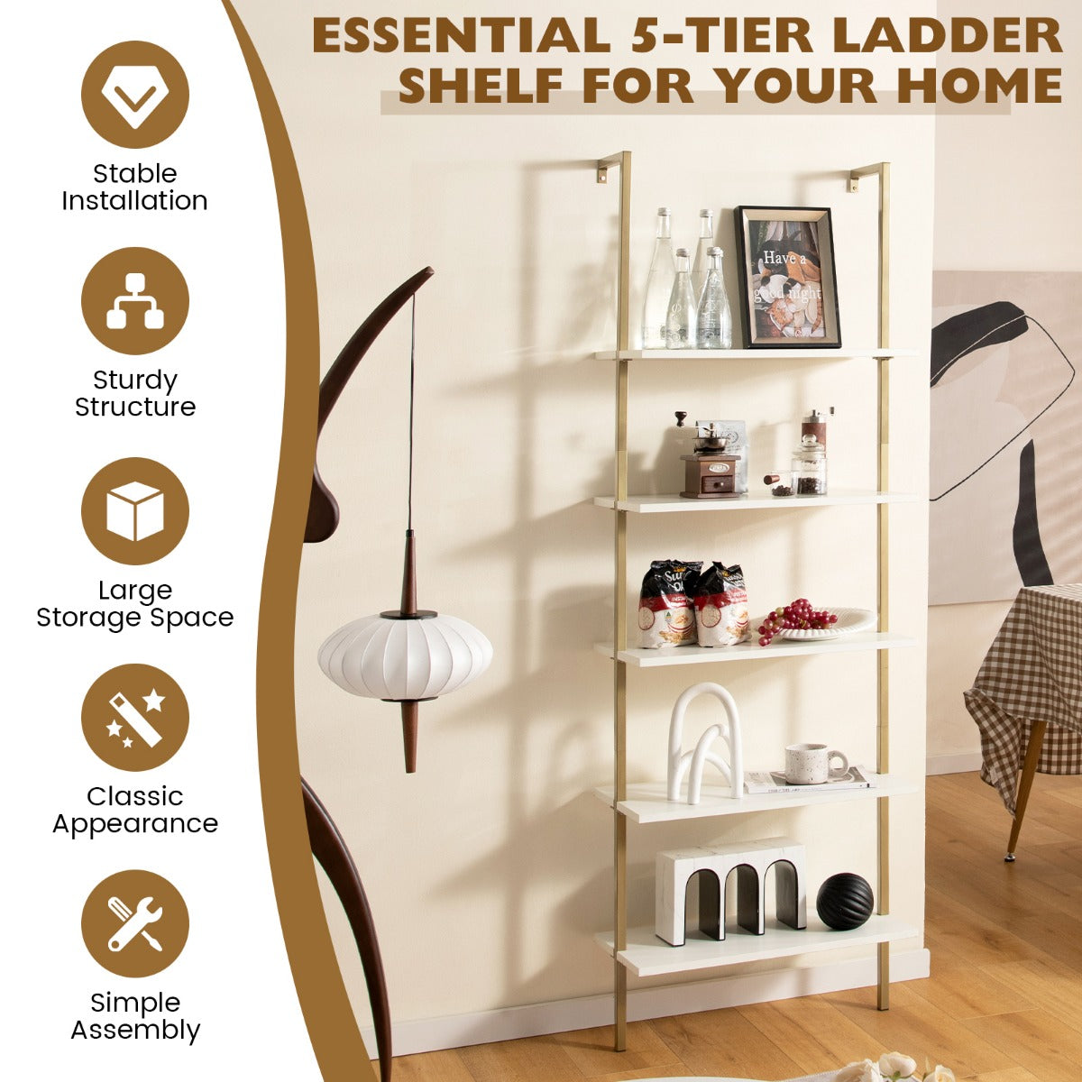 LIVSK Wandrek Ladderdesign - 5 Planken - Goudkleurig Metaal - Wandmontage en Antislip - 60 x 30 x 180 cm - Wit en Goud