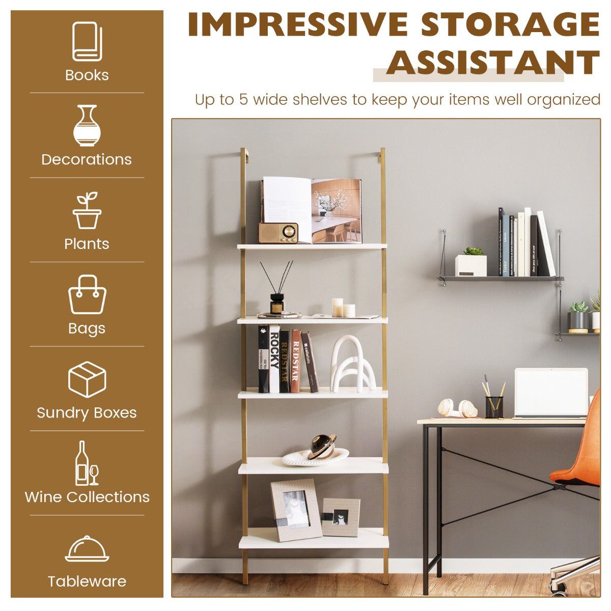 LIVSK Wandrek Ladderdesign - 5 Planken - Goudkleurig Metaal - Wandmontage en Antislip - 60 x 30 x 180 cm - Wit en Goud