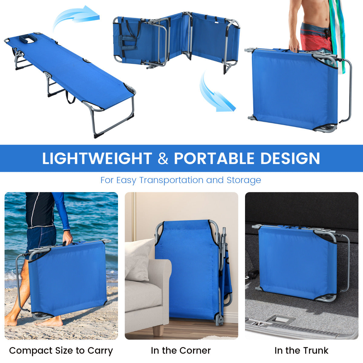 LIVSK Opvouwbare Loungestoel - 5 Verstelbare Posities - Ademend Oxford Stof - Draagvermogen 150 kg - Blauw