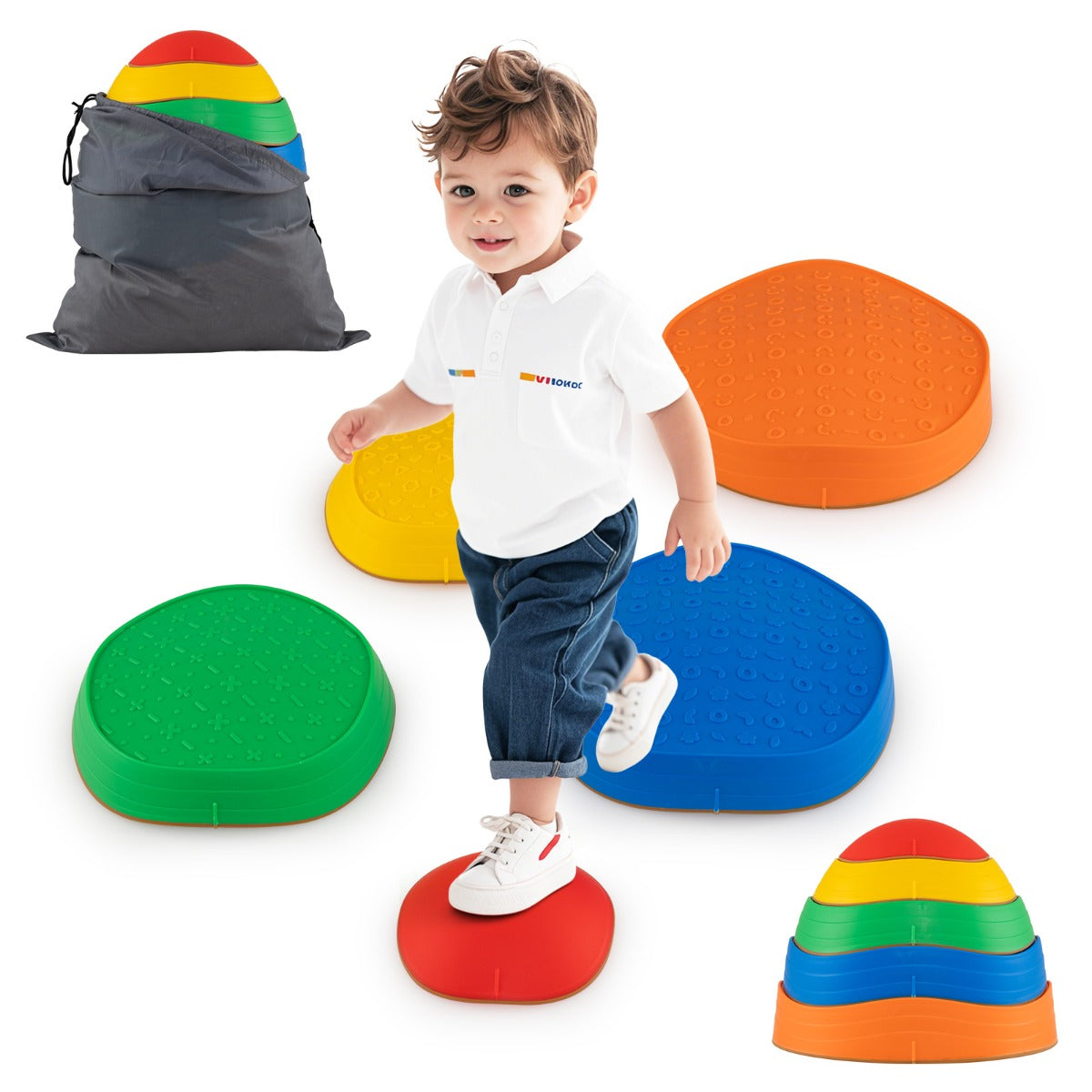 Livsk costway 5 stuks balanceringsstenen antislip stapelstenen met opbergtas voor motorische vaardigheden stapelbare stapstenen multicolor